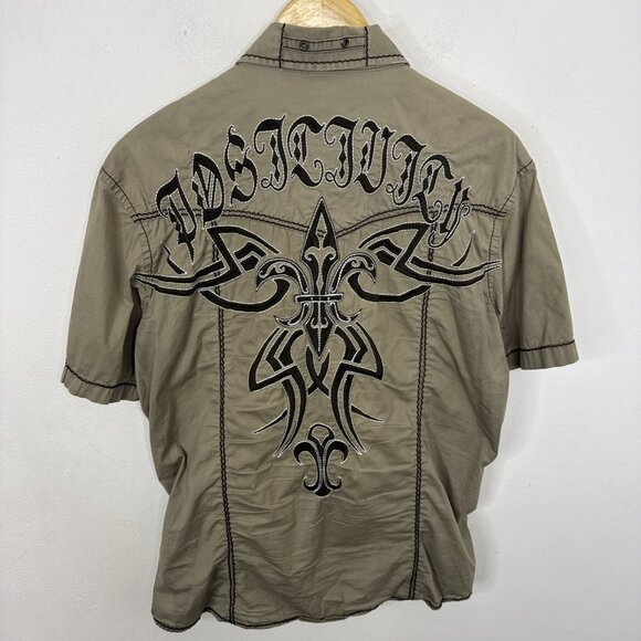 Roar Men L Embroidered Short Sleeve Short Green Gray Fleur De Lis - Picture 3 of 6